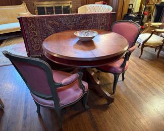 Antique French Louis XVI Style Dining Set with Carved Pedestal Table and Upholstered Chairs