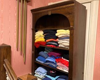 Vintage Wooden Armoire with Chime Clock and Assorted Clothing