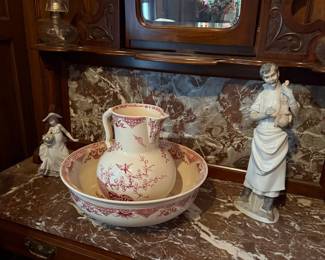 Antique Red Transferware Wash Basin and Pitcher Set with Bird and Cherry Blossom Motif