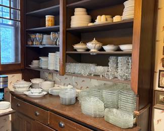 Vintage Glassware Set with Wooden Hutch