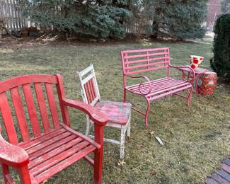 Vintage Red Wooden Adirondack Chair and Pink Metal Garden Bench Set