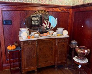 Antique Burl Walnut Sideboard with Marble Top