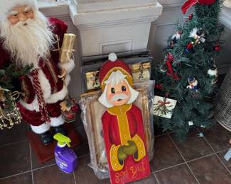 Vintage Santa Claus Figurine and Hand-Painted Wooden Santa Plaque
