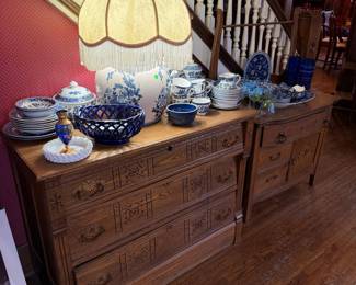 Antique Oak Eastlake Style Dresser with Blue and White Porcelain Collection