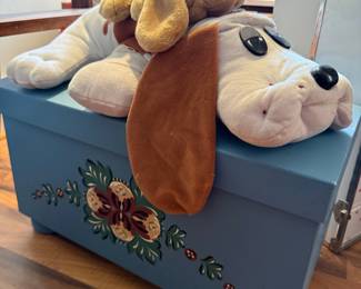Hand-Painted Blue Wooden Toy Chest with Pound Puppies and Basset Hound Plush Toys