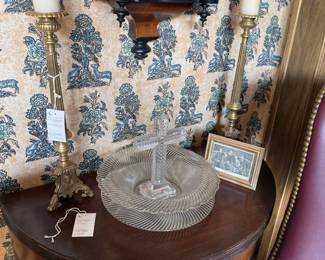 Vintage Brass Altar Candlesticks with Facial Motifs and Ribbed Glass Bowls with Crystal Cross