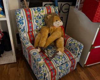 Vintage Floral Armchair with Lion Plush Toy