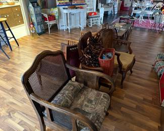 Vintage Bergere Armchair with French Script Upholstery
