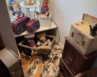 Vintage Doll Collection with Accessories and Tin Toy Stove