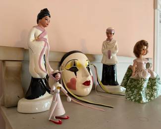 Collection of Pierrot Figurines, a Mask, and a Vintage Doll