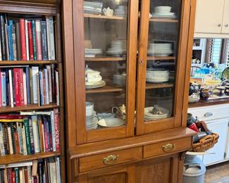 Antique Oak China Cabinet with Glass Doors and Carved Base