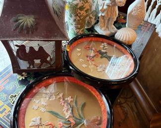Pair of Vintage Chinese Carved Stone Shadow Boxes with Floral and Calligraphy Motifs