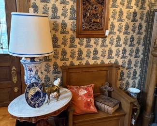 Antique Carved Oak Monks Bench with Storage