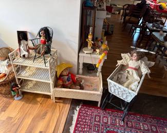 Collection of Antique Bisque Head Dolls and Wicker Furniture