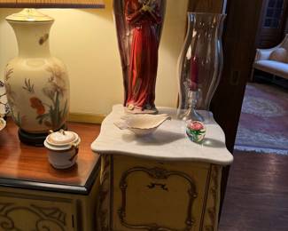 Vintage French Provincial Nightstand with Angel Figurine, Floral Vase, and Hurricane Lamp