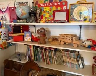Assorted Vintage Children's Toys and Books including Nebraska Map Puzzle and Mattel Talking Clock