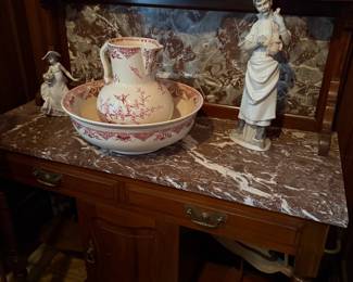 Antique Red Transferware Pitcher and Wash Basin Set