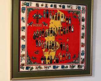 Framed Vintage Swedish Folk Costume Map Textile