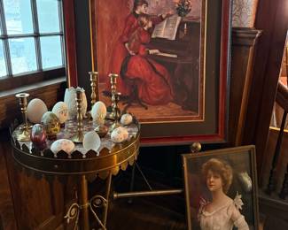 Pierre-Auguste Renoir 'Young Girls at the Piano' Reproduction and Victorian Style Brass Candlesticks