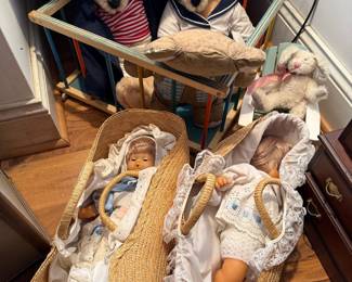 Vintage Teddy Bears in Nautical Outfits and Porcelain Baby Dolls in Moses Baskets