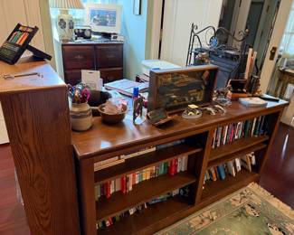 Oak Bookcase with Assorted Collectibles
