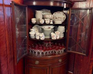 Vintage Drexel Travis Court Mahogany Corner Cabinet with Ruby Red Wine Glasses and Floral China