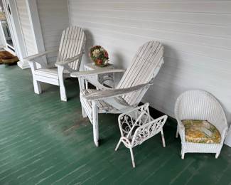 Distressed White Wooden Adirondack Chairs and Wicker Set
