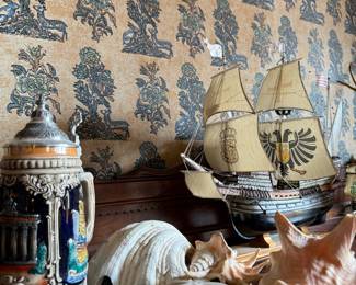 German Beer Stein with Berlin Scene and Model Ship