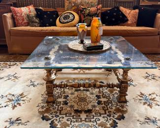 Vintage Ornate Gilt Coffee Table with Glass Top and Carved Wood Base