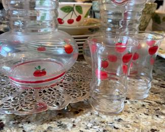 Vintage Cherry Pattern Glass Pitcher and Tumblers Set