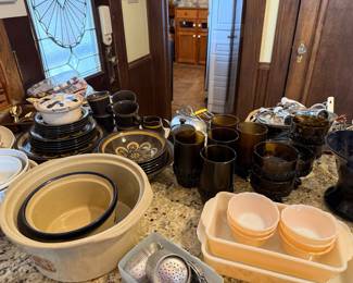 Mid-Century Modern Stoneware Dinnerware, Amber Glassware, and Milk Glass Bakeware