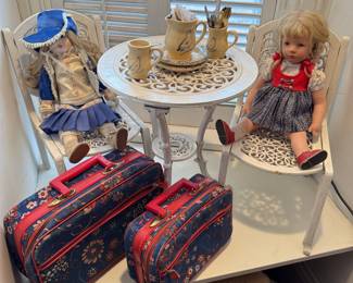 Vintage Doll Tea Set Display with Luggage