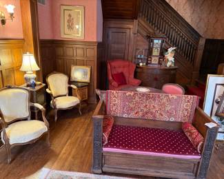 Antique Oak Hall Bench with Tapestry Upholstery