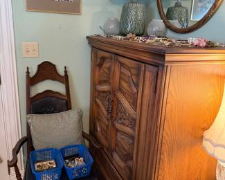 Vintage Thomasville Furniture Camino Real Collection Armoire with Carved Details and Jewelry Collection