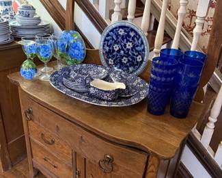 Blue Calico Pattern China Set with Hand-Painted Hydrangea Wine Glasses and Cobalt Blue Tumblers
