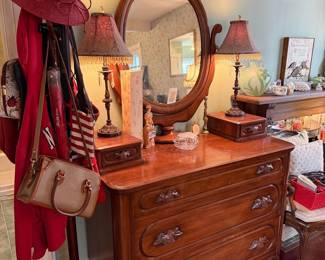 Antique Davis Cabinet Co. Lillian Russell Walnut Vanity Dresser with Mirror