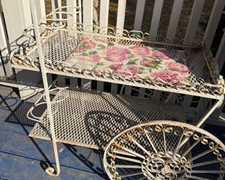 Vintage Ornate Wrought Iron Garden Cart with Floral Motif
