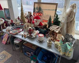 Assorted Christmas Figurines, Fontanini Nativity Set, and Village Houses