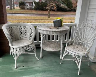 White Wicker Patio Set with Table and Two Chairs