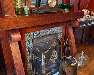 Antique Arts and Crafts Oak Fireplace Mantel with Mirror and Accessories