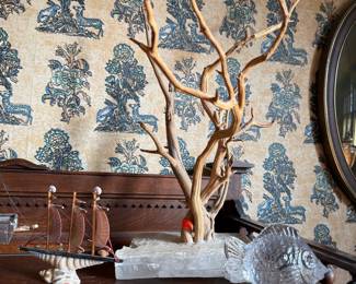 Driftwood Tree Sculpture on Selenite Base with Glass Fish Figurine