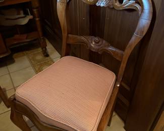 Antique Victorian Carved Walnut Balloon Back Side Chair with Pink Upholstery