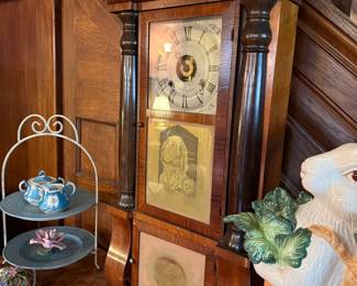 Antique Oak Grandfather Clock with Dog and Cat Engraving