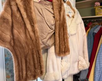 Mink Fur Stole and Faux Fur Trimmed Coat