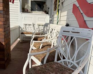 White Faux Bamboo Chippendale Style Rattan Patio Chairs with Floral Cushions