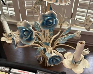 Vintage Tole Painted Floral Wall Sconce - Blue and Cream