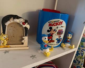 Looney Tunes Sylvester and Tweety Photo Frame, Disney Mickey Mouse "Happy Birthday Mickey" Bucket, and Donald Duck Figurines
