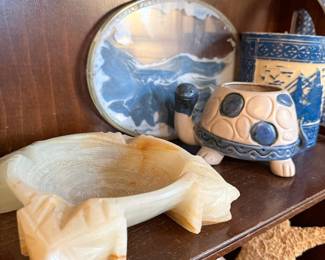 Carved Onyx Ashtray with Turtle Figurine and Blue and White Ceramic Vase