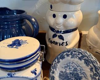 Vintage Pillsbury Doughboy "Poppin' Fresh" Cookie Jar and Blue Willow Style Canister