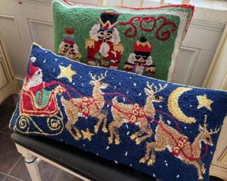 Vintage Christmas Punch Needle Pillows (Set of 2) - Nutcracker and Santa's Sleigh